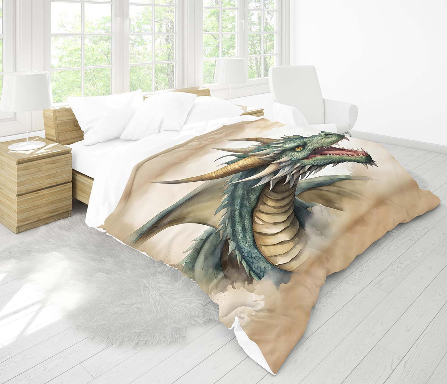 Fantasy dragon duvet cover on queen bed, mythical beast bedding for teen bedroom