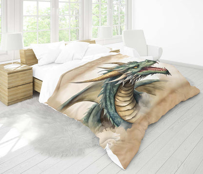 Fantasy dragon duvet cover on queen bed, mythical beast bedding for teen bedroom