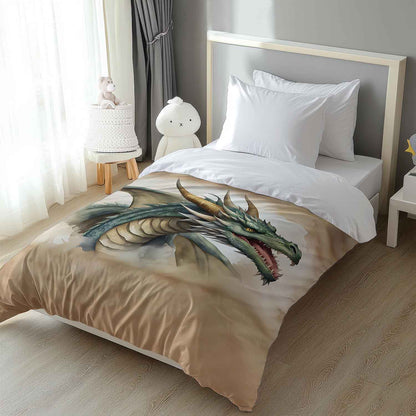 Fantasy dragon duvet cover on twin bed, watercolor fire dragon art, teen bedroom decor