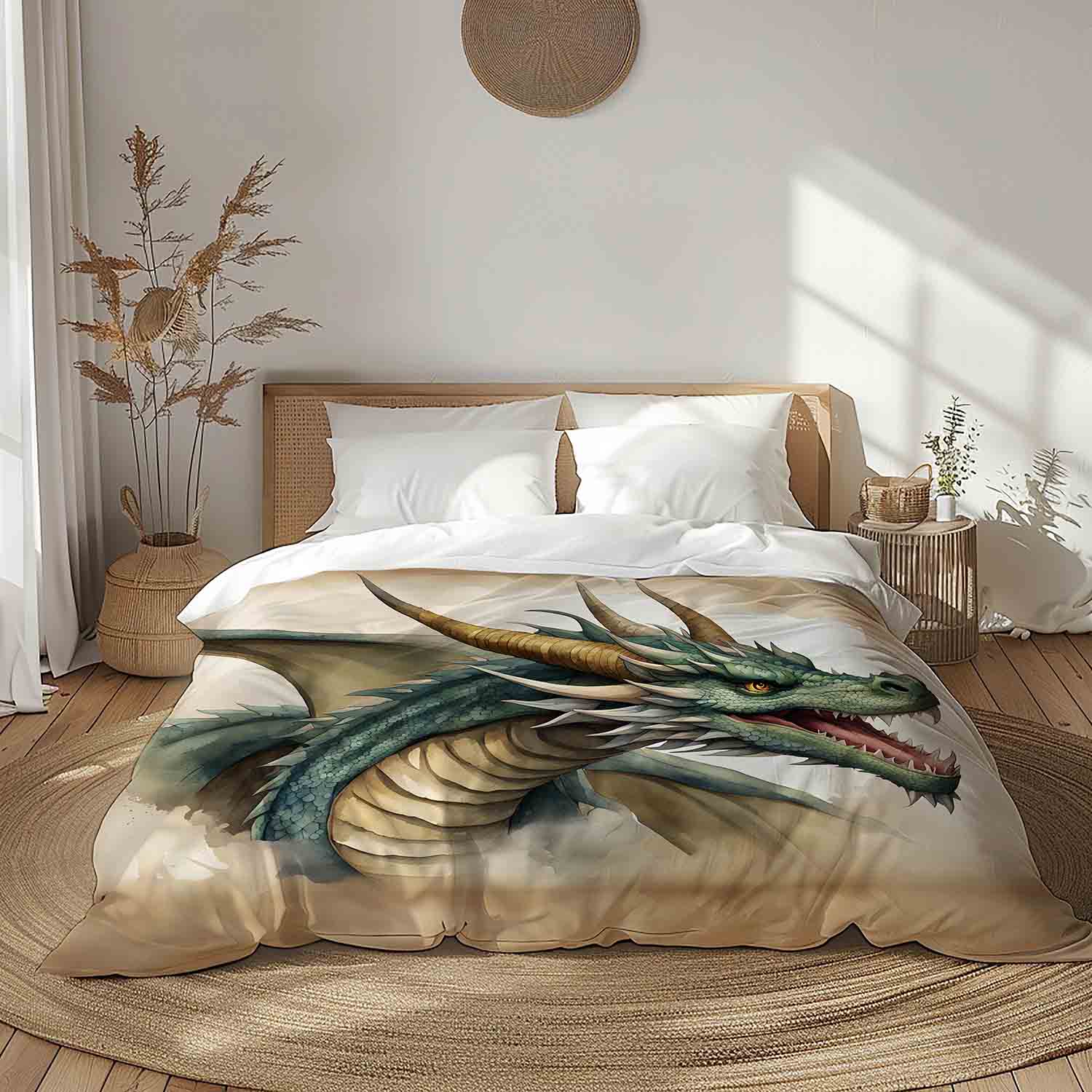 Fantasy dragon duvet cover watercolor mythical beast bedding for gamers and teens, twin queen king sizes
