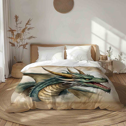 Fantasy dragon duvet cover watercolor mythical beast bedding for gamers and teens, twin queen king sizes