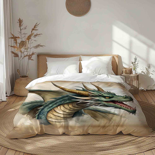 Fantasy dragon duvet cover watercolor mythical beast bedding for gamers and teens, twin queen king sizes