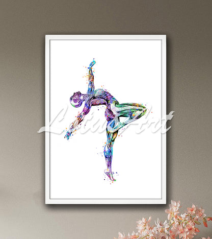 Female gymnast anatomy muscles watercolor painting in multicolor - chiropractor office wall art