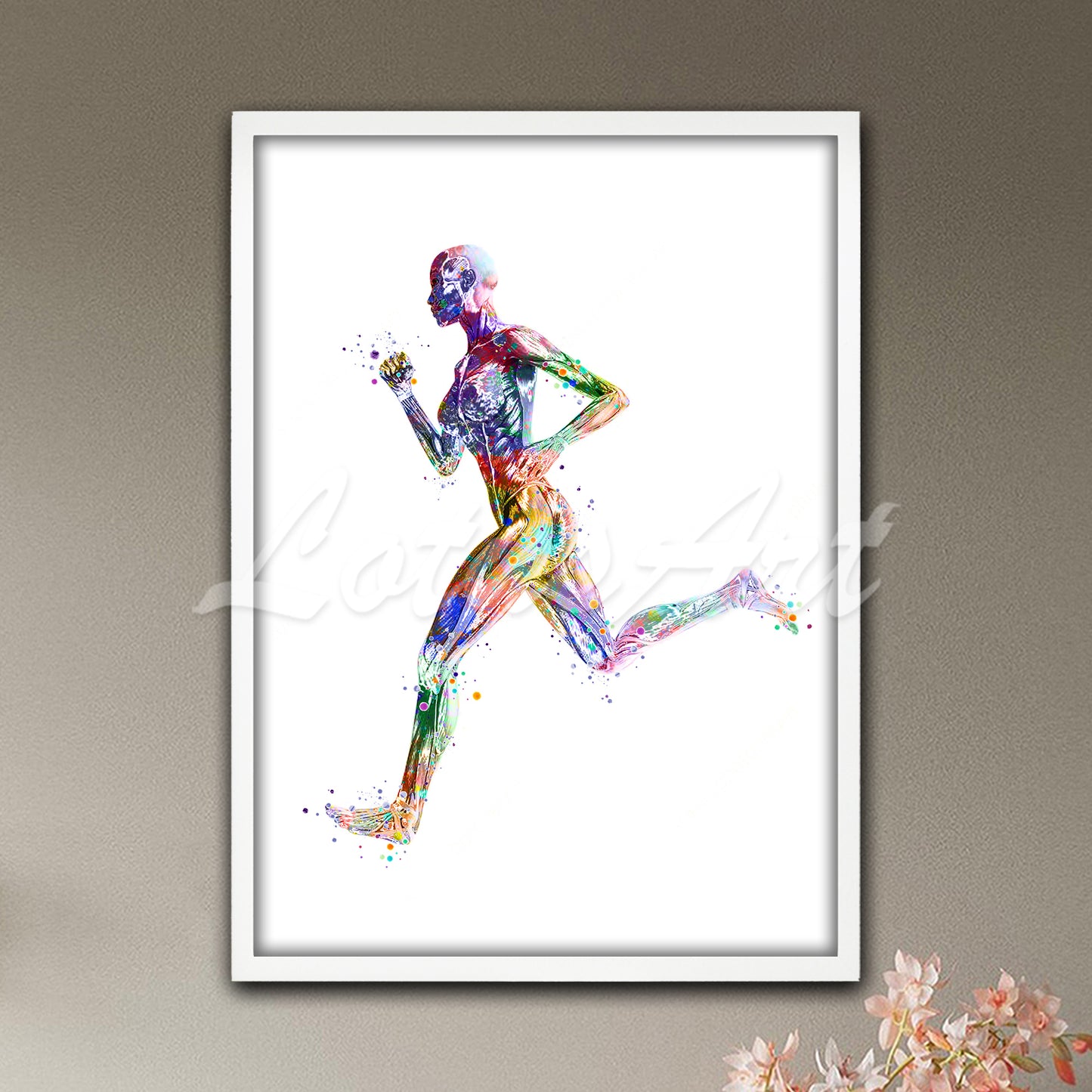 Female runner body muscles anatomy in motion multicolor watercolor - sports rehabilitation medical artwork