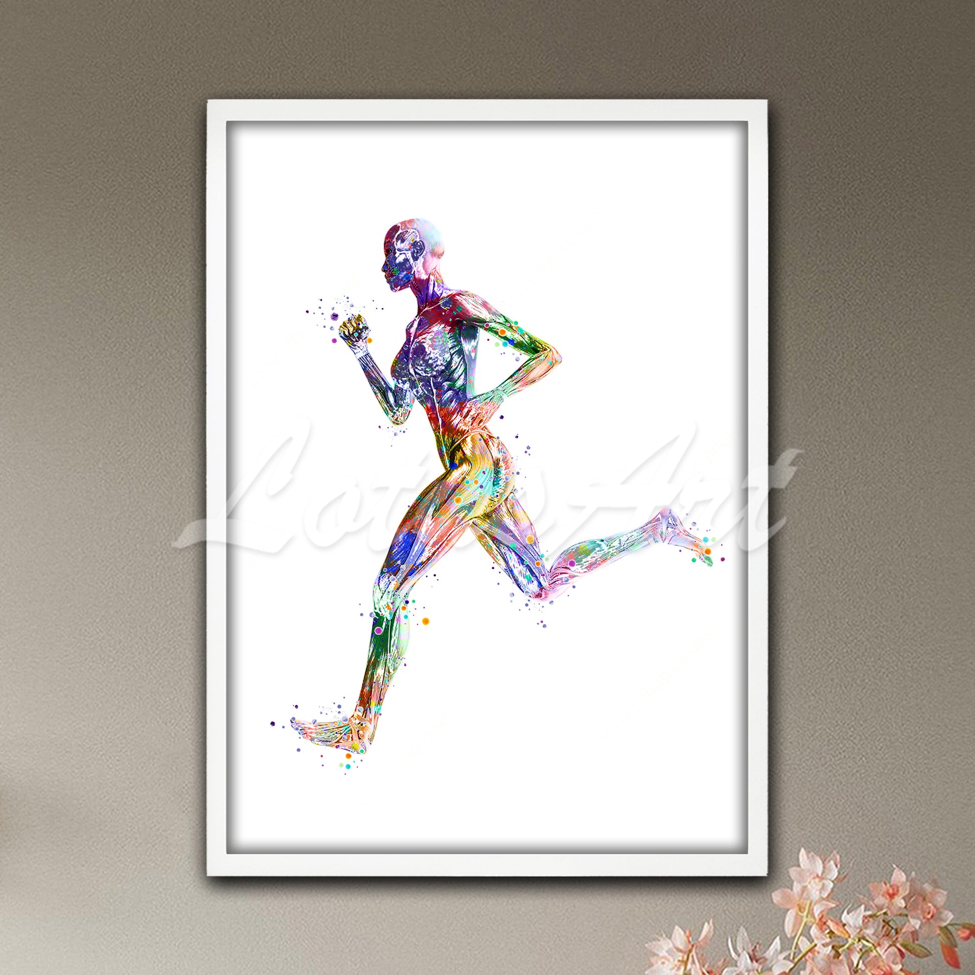 Female runner body muscles anatomy in motion multicolor watercolor - sports rehabilitation medical artwork