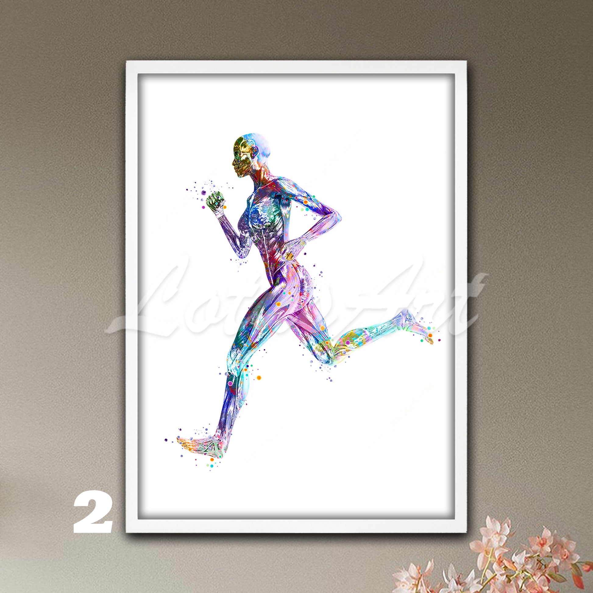Female runner body muscles anatomy art print, sports medical watercolor artwork, multicolor wall decor.