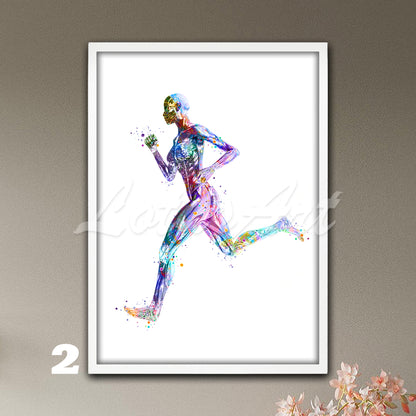 Female runner body muscles anatomy art print, sports medical watercolor artwork, multicolor wall decor.