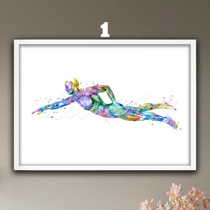 Art print of female swimming body muscles anatomyart art, sports medical multicolor watercolor wall decor.