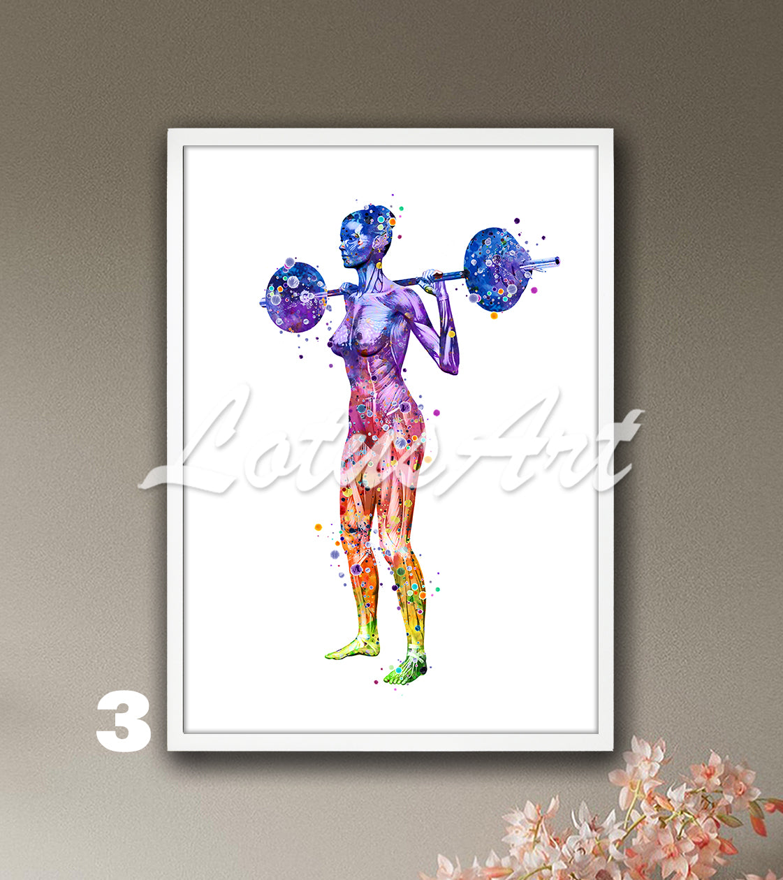 Art print in rainbow colors of a woman lifting weights showing anatomy of her body muscles.