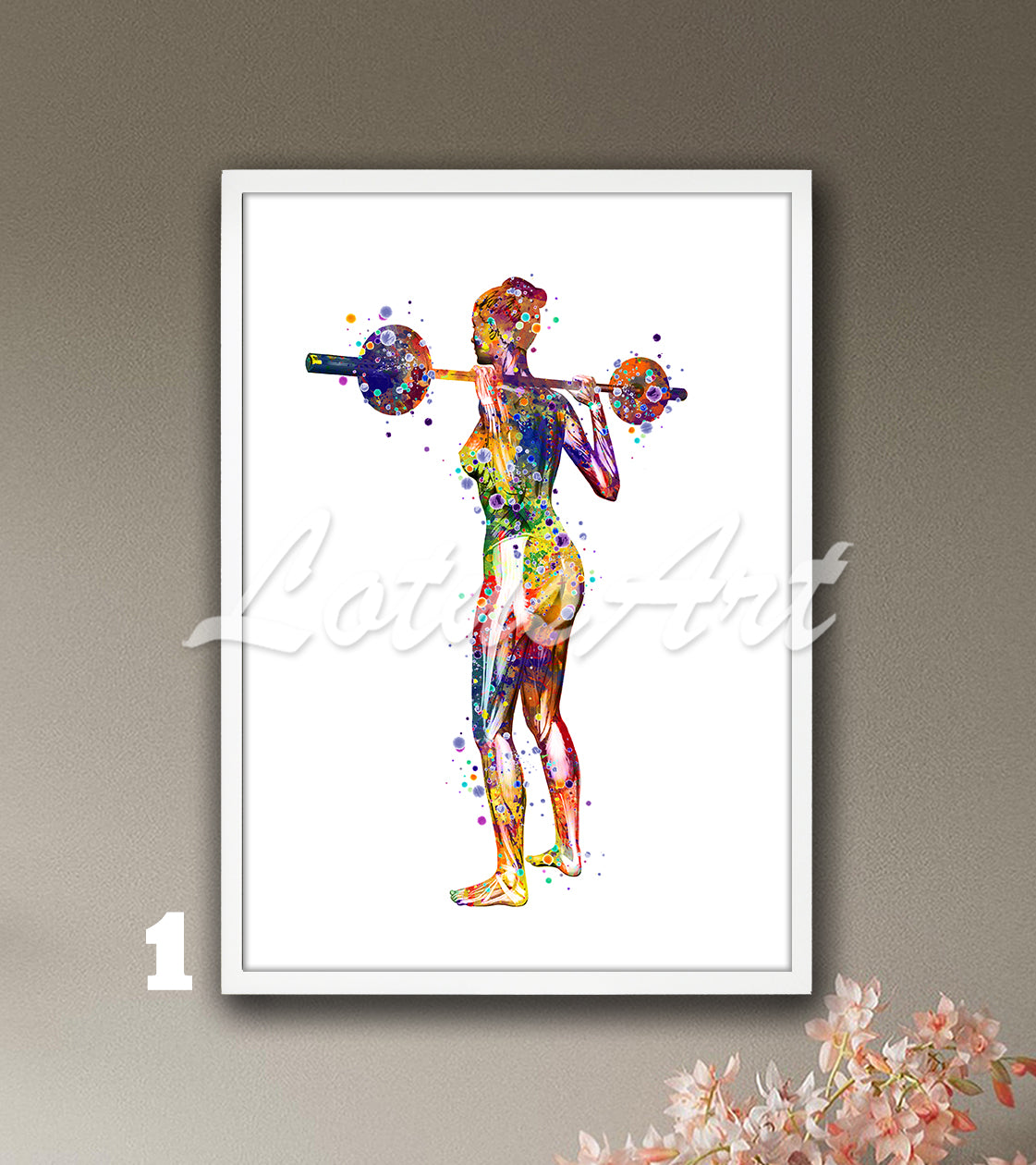 Watercolor multicolor medical painting showing the anatomy of the body muscles of a female weightlifter.