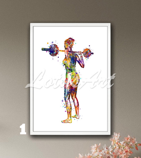 Watercolor multicolor medical painting showing the anatomy of the body muscles of a female weightlifter.