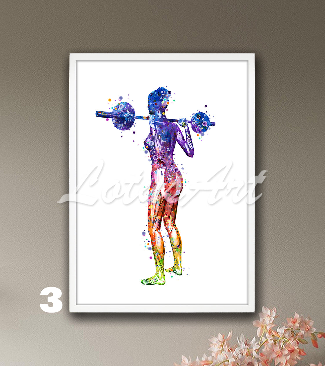 A modern watercolor medical painting in rainbow colors, depicting anatomy of body muscles of a female weightlifter.