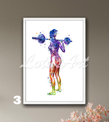 A modern watercolor medical painting in rainbow colors, depicting anatomy of body muscles of a female weightlifter.