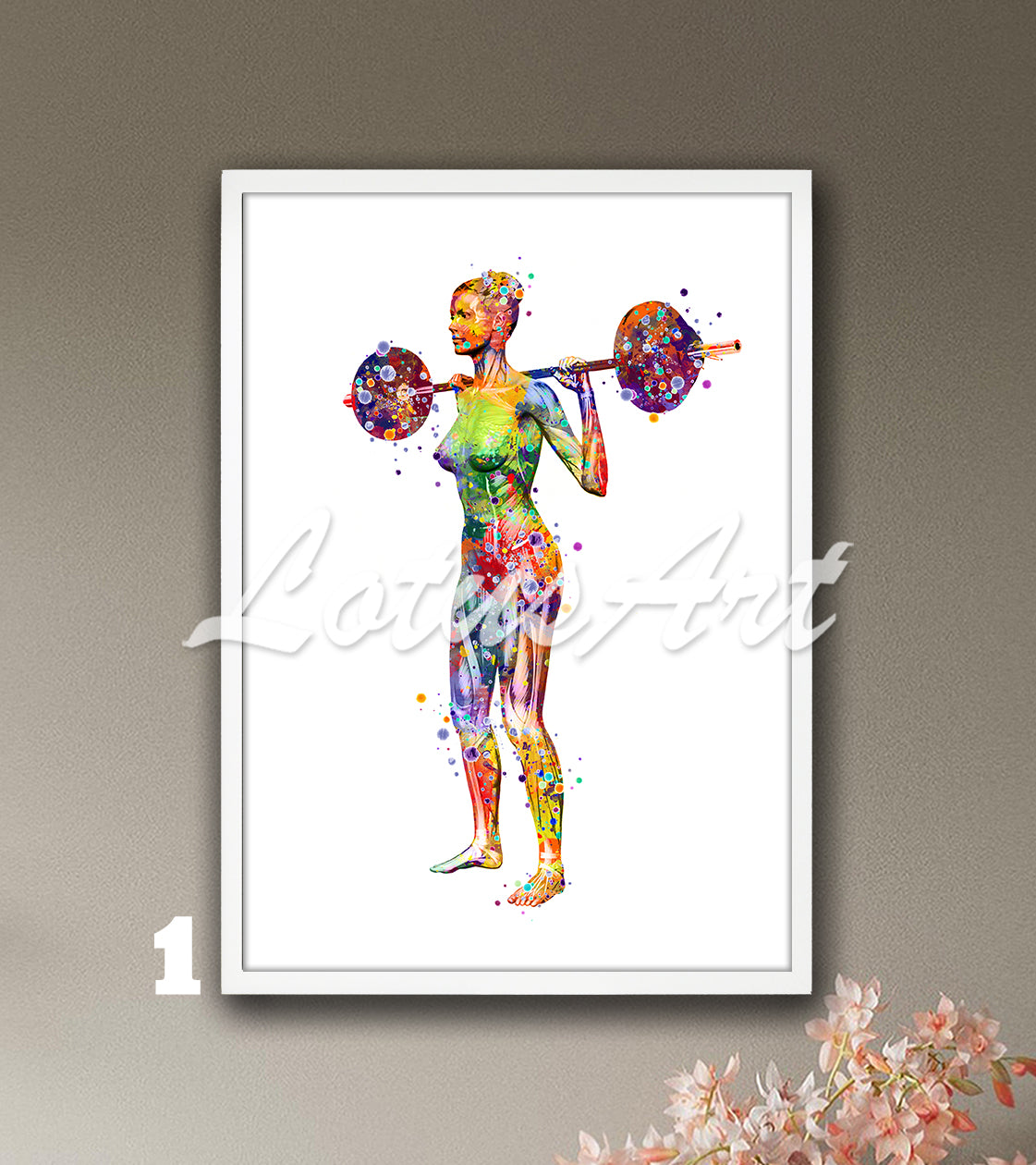 Multicolor muscles anatomy art print of a woman lifting weights, watercolor medical painting.