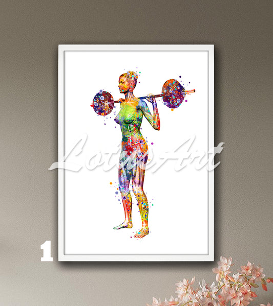 Multicolor muscles anatomy art print of a woman lifting weights, watercolor medical painting.