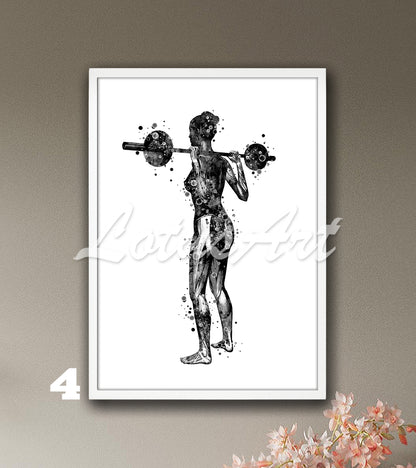 Black-white watercolor medical artwork showing the anatomy of the muscles of the body of a woman lifting weights.