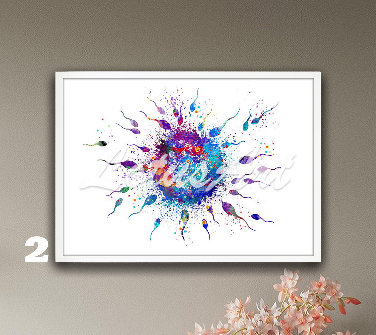 Egg and sperm fertilization watercolor painting in blue-purple, medical wall decor for gynecology clinics & doctors gift