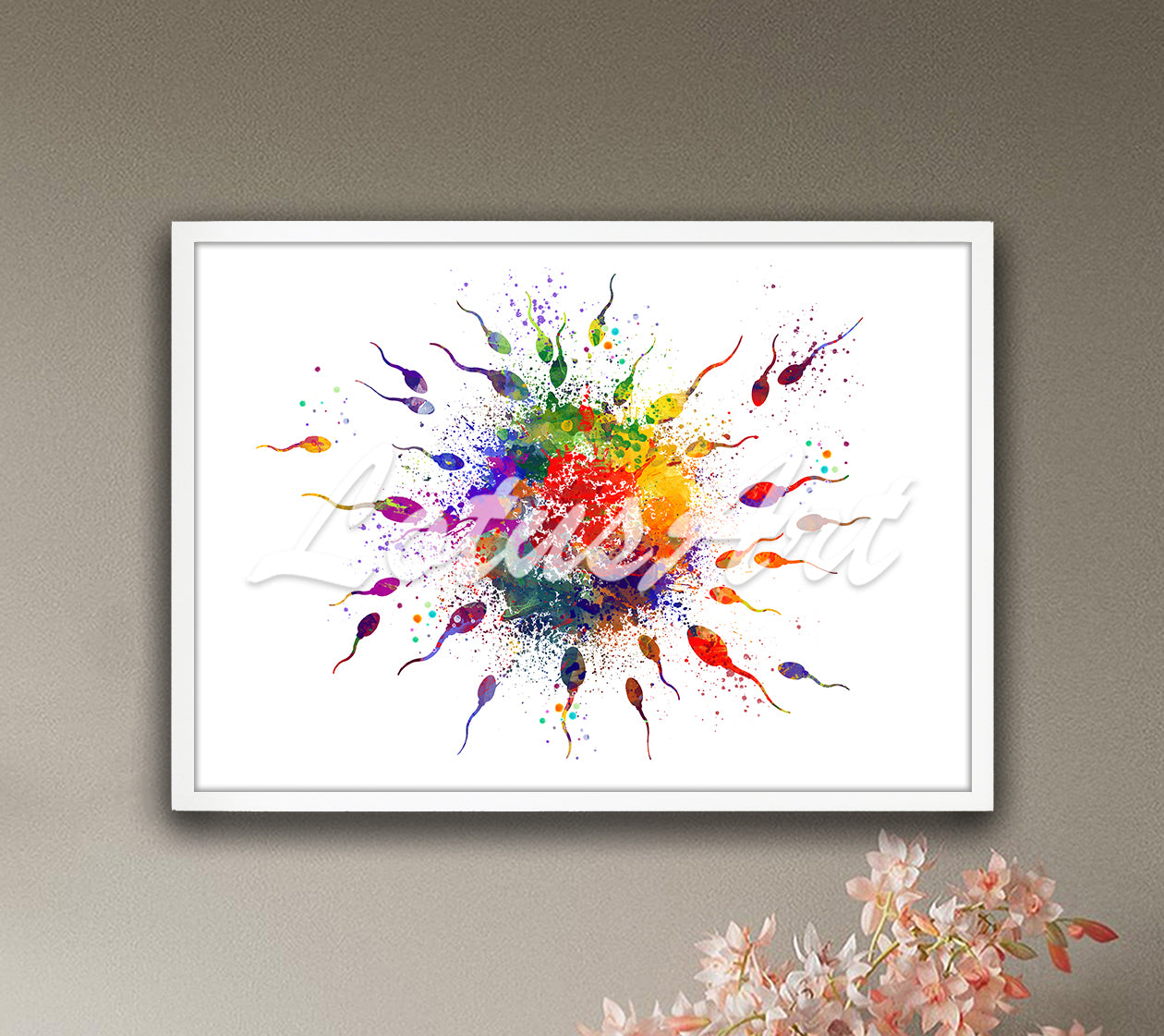 Human fertilization egg and sperm cells in vibrant watercolor art - gynecology medical wall decor
