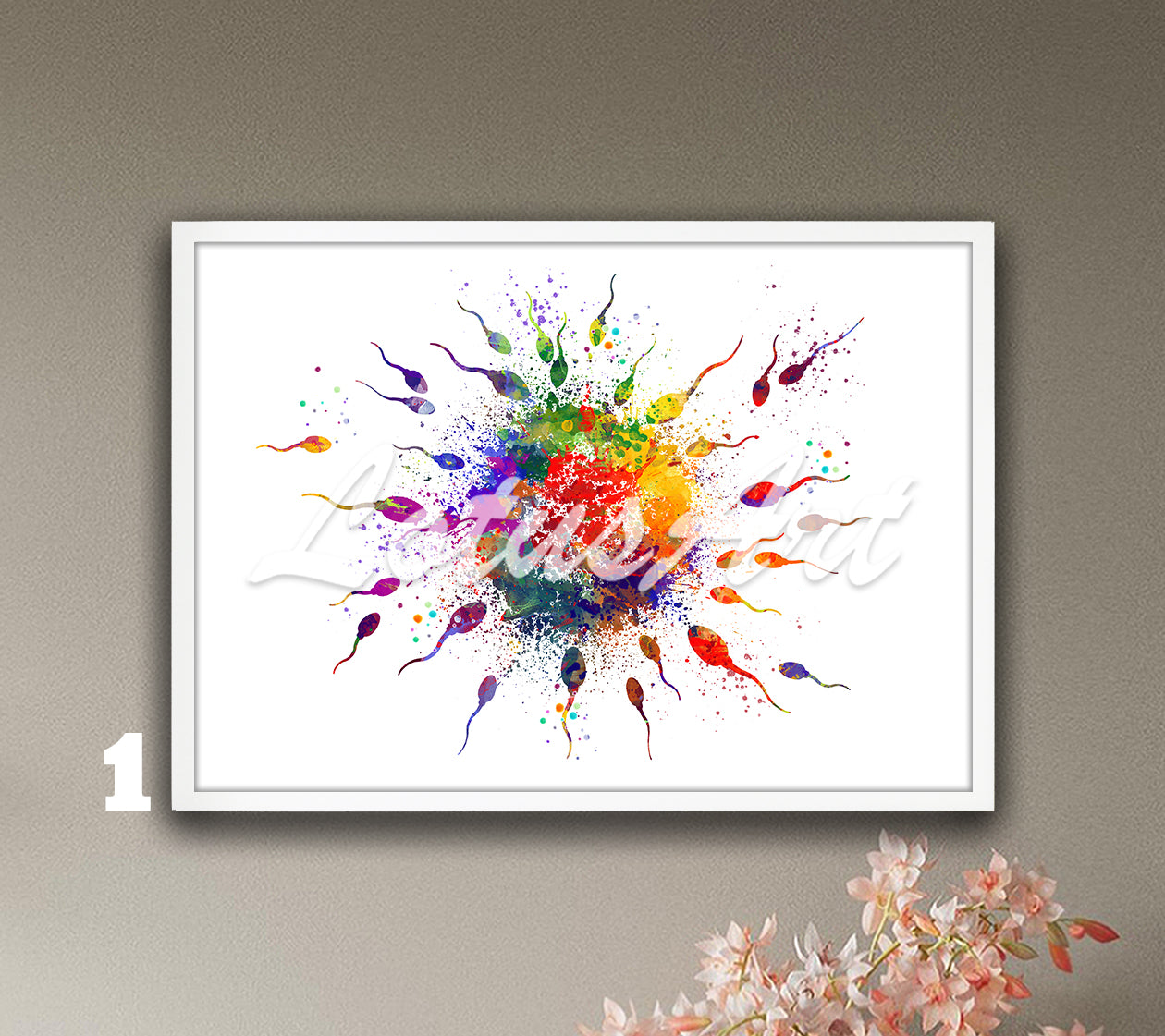 Multicolor art print of a vibrant watercolor painting depicting egg and sperm in the fertilization process.