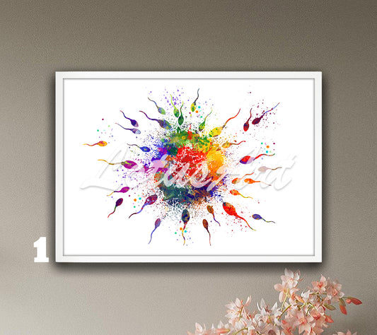 Multicolor art print of a vibrant watercolor painting depicting egg and sperm in the fertilization process.