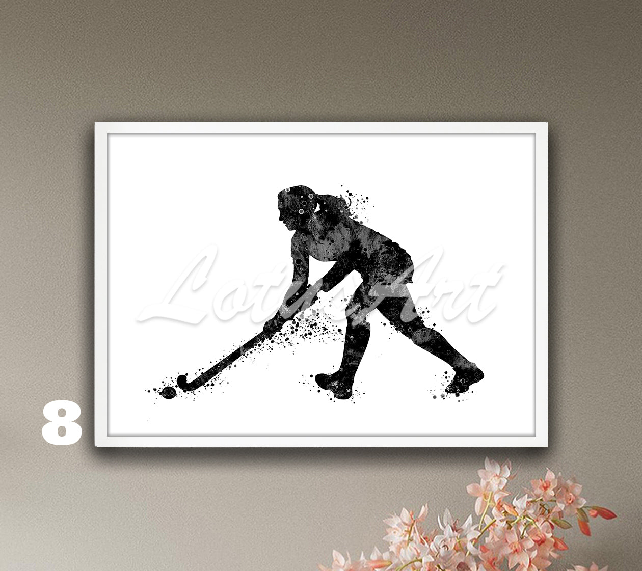 Field hockey girl watercolor sports art print in black-white - minimalist wall decor