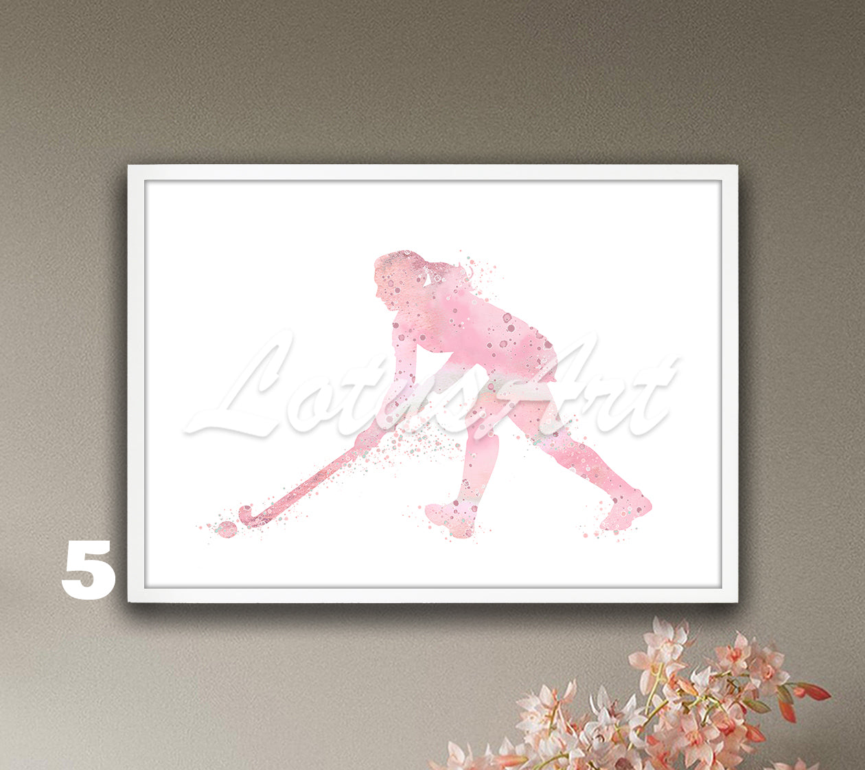 Field hockey girl watercolor sports art print in pink tones - girls room decor