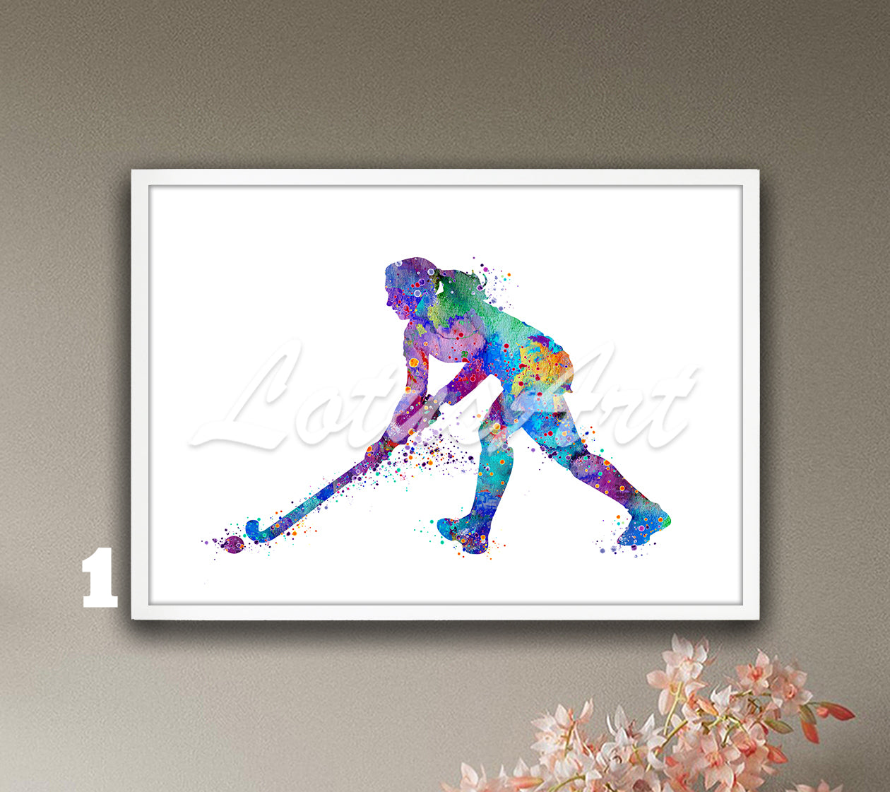 Field hockey girl watercolor art print in colorful tones - sports wall decor for girls room