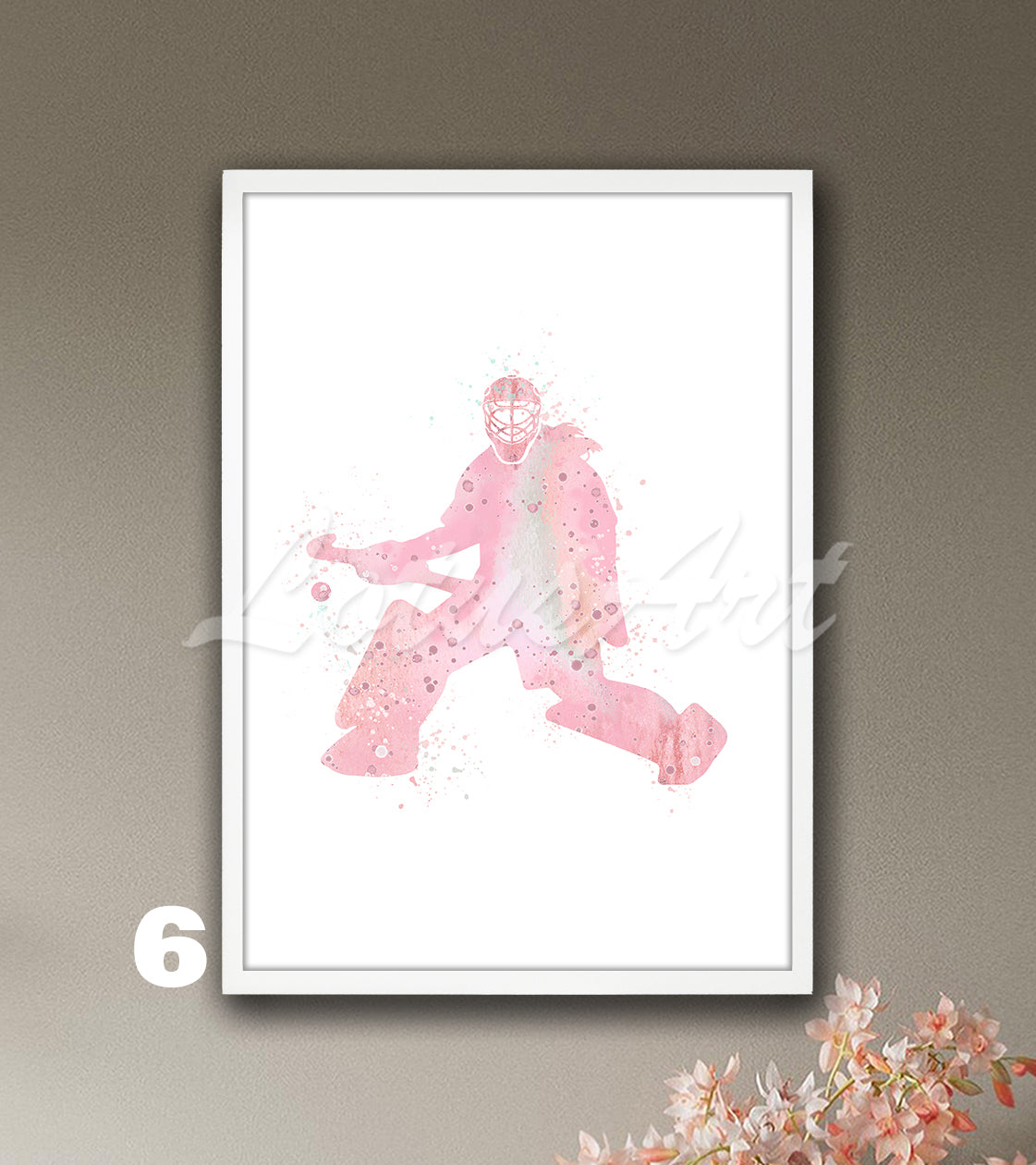 Field hockey goalie girl watercolor sports art print in light pink tones - girls room decor