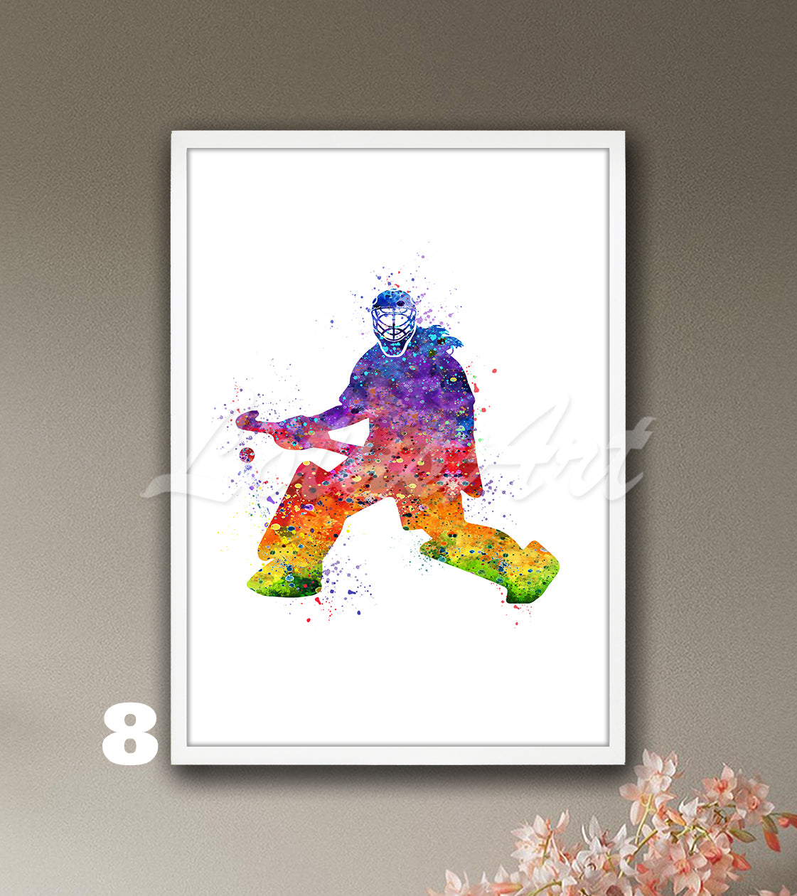 Field hockey goalie girl watercolor sports wall art print in rainbow tones - kids room decor
