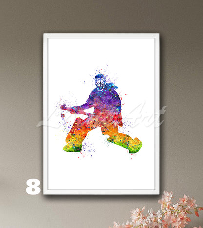 Field hockey goalie girl watercolor sports wall art print in rainbow tones - kids room decor