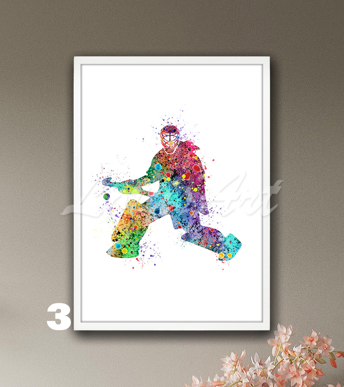 Girl field hockey goalie watercolor sports wall art print in bright tones - kids room poster