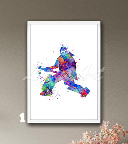 Girl field hockey goalie watercolor sports wall art print in multicolor tones - kids room decor