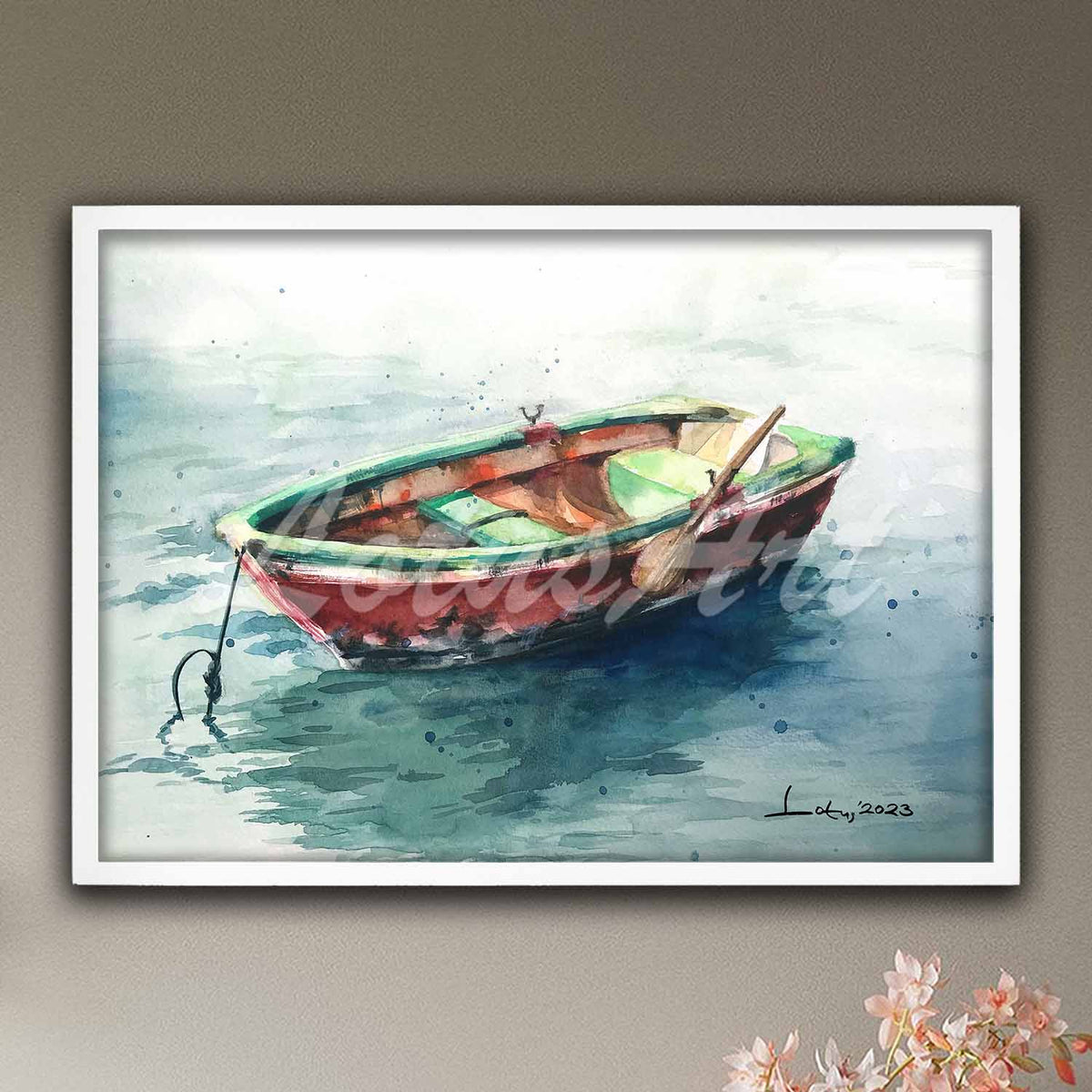Fishing boat watercolor print in white frame, nautical coastal wall art & multicolor sea decor poster