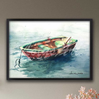 Fishing boat watercolor poster in black frame, beach wall art & nautical sea decor print for coastal home