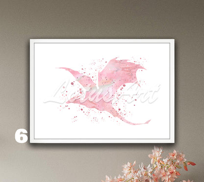 Pink flying dragon watercolor wall art for fantasy animals nursery, perfect gift for girl