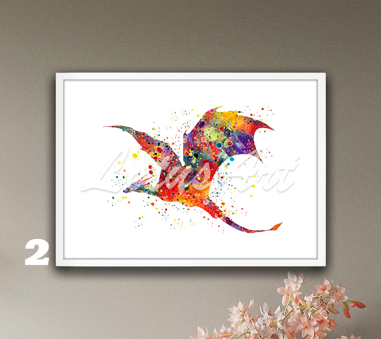 Flying dragon watercolor fantasy animals wall art print in vivid multicolor tones, unique dragon gift