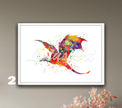 Flying dragon watercolor fantasy animals wall art print in vivid multicolor tones, unique dragon gift