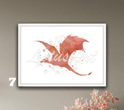 Rose gold flying dragon watercolor fantasy animals wall art print, stunning mythical dragon gift
