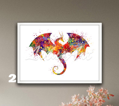 Flying dragon watercolor fantasy animals wall art print in bright multicolor tones, unique dragon lover gift