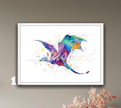 Flying dragon watercolor print for fantasy animals wall art decor in blue and multicolor tones
