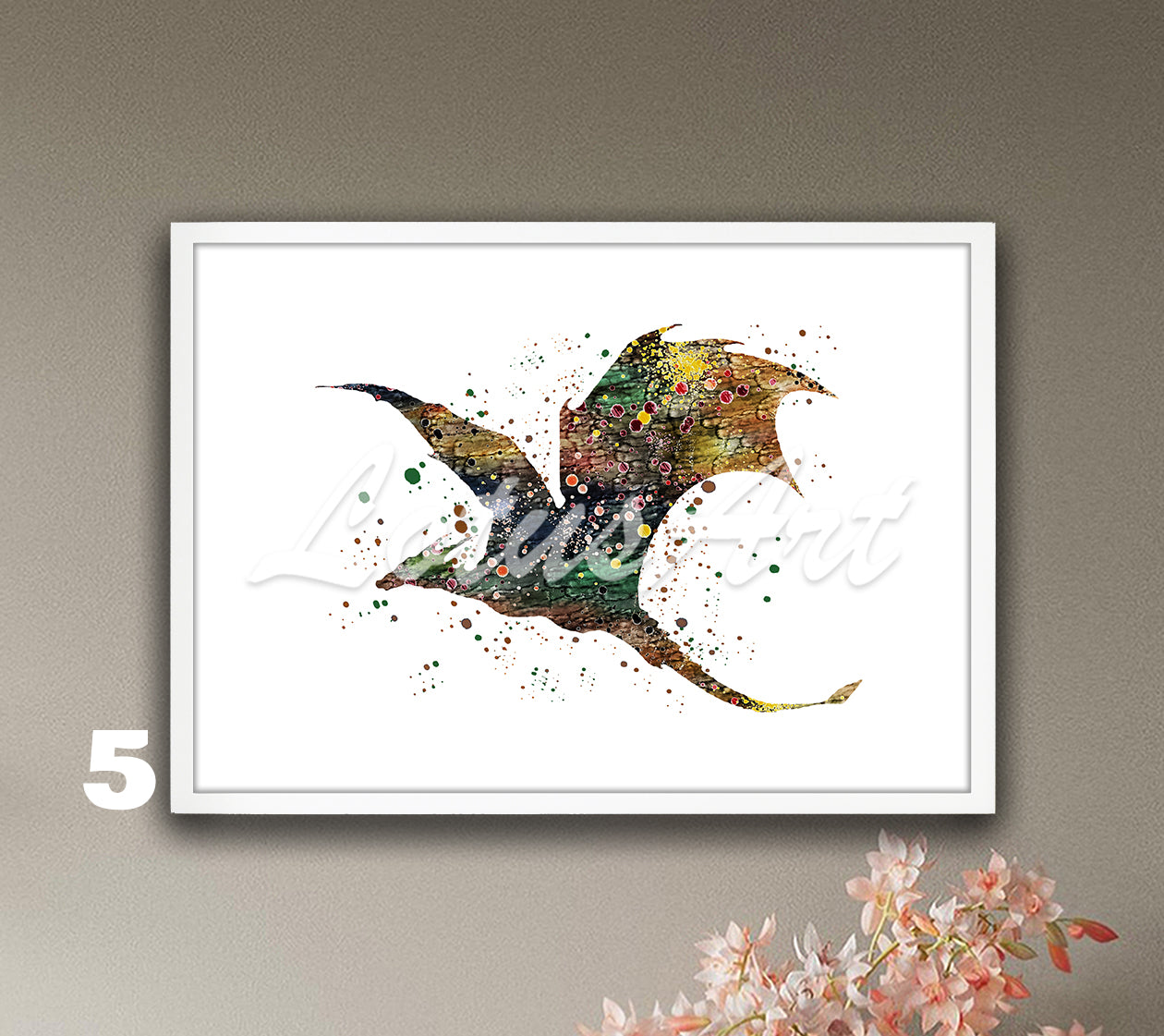 Flying dragon watercolor art print for fantasy animals decor in beautiful brown tones, dragon lover gift