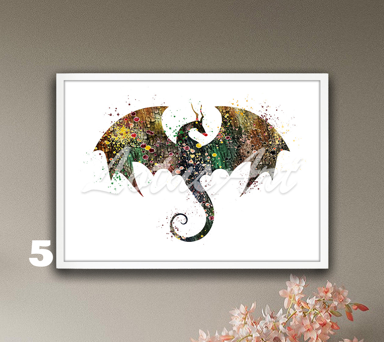 Flying dragon watercolor wall art print for fantasy animals kids decor in brown tones, nature lover gift