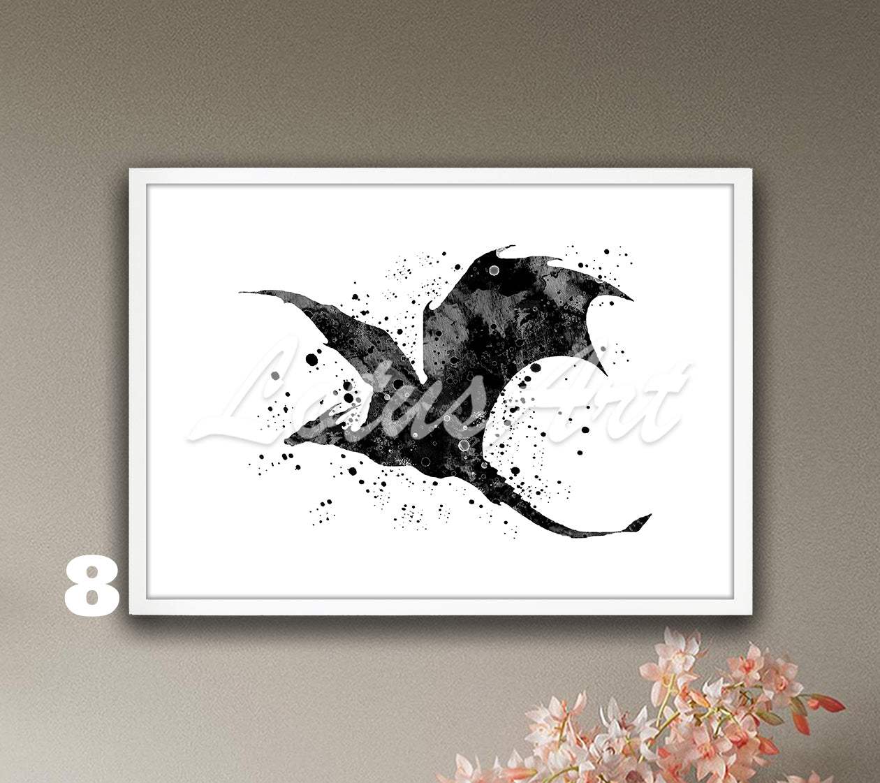 Black-white flying dragon watercolor wall art print for fantasy animals decor, bold dragon lover gift