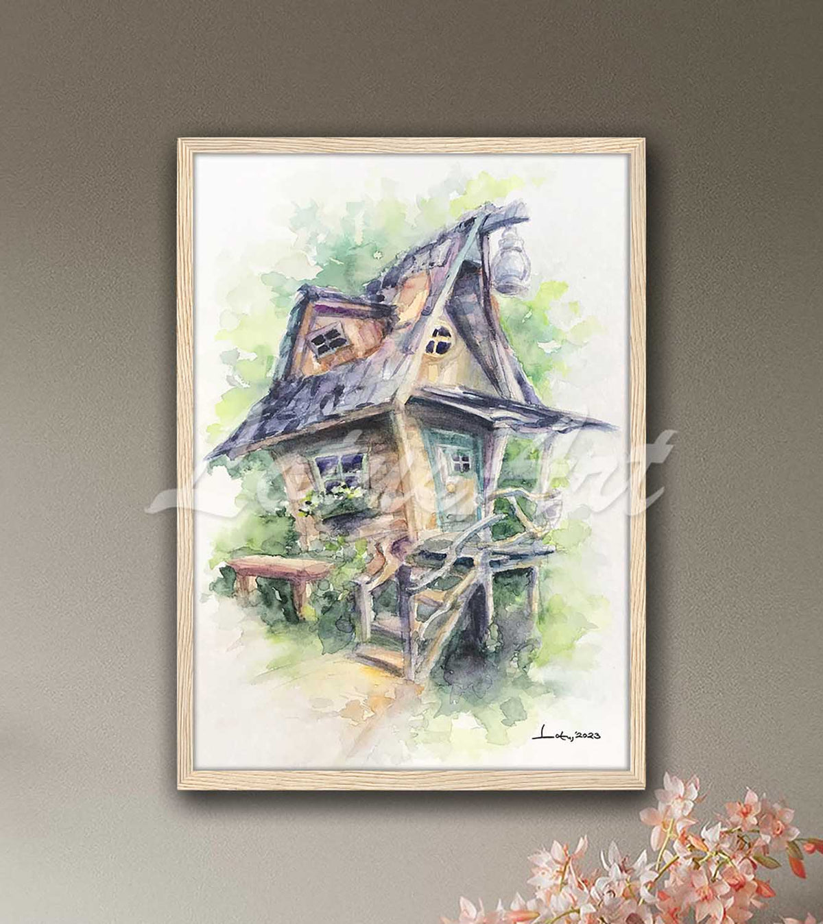 Fairy tale wooden house watercolor artwork in natural wood frame, nursery wall decor & forest house illustration print
