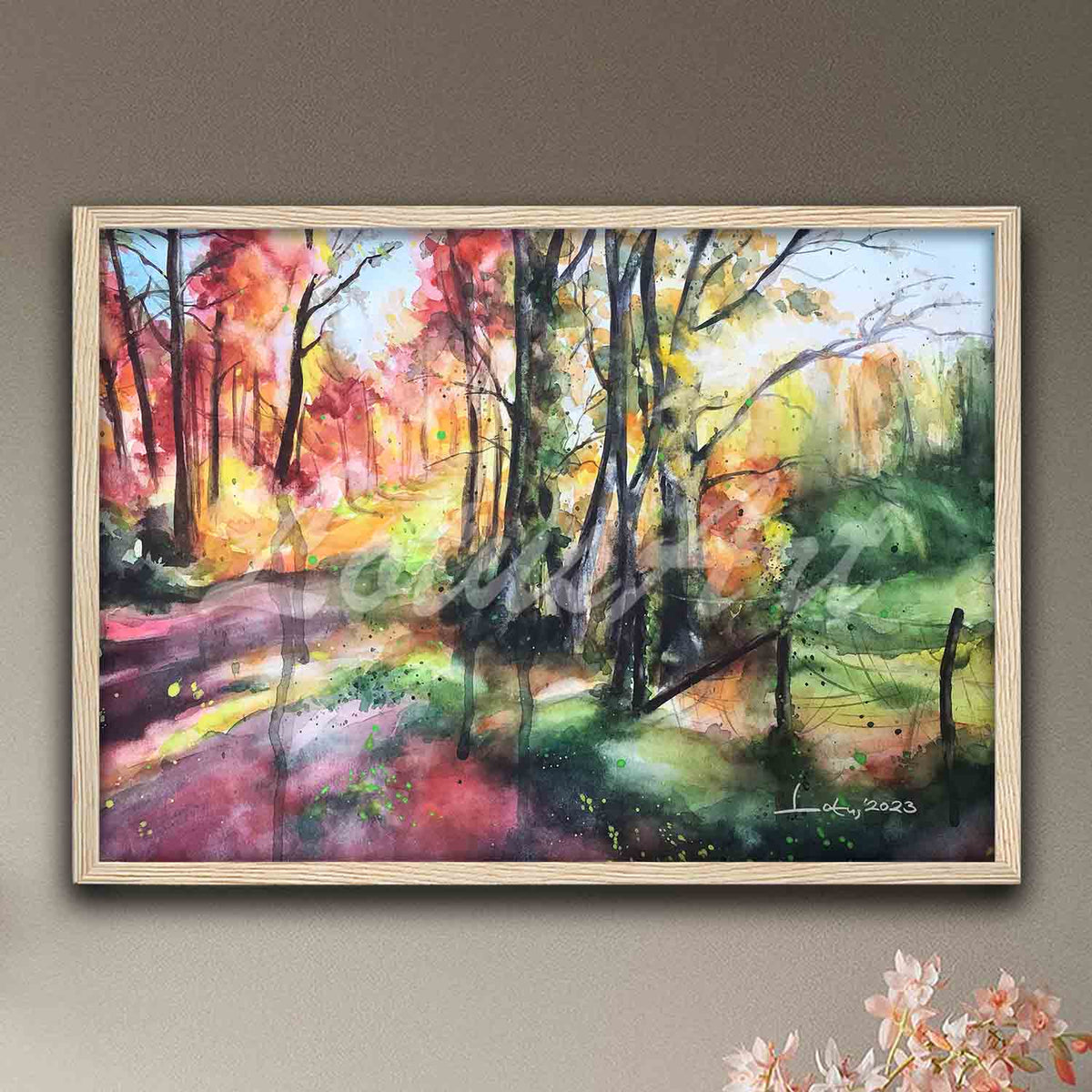 Multicolor forest watercolor painting print in natural wood frame, autumn nature landscape decor & original art poster