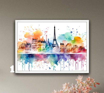 Eiffel Tower Paris Cityscape Watercolor Art Print, France Wall Home Decor