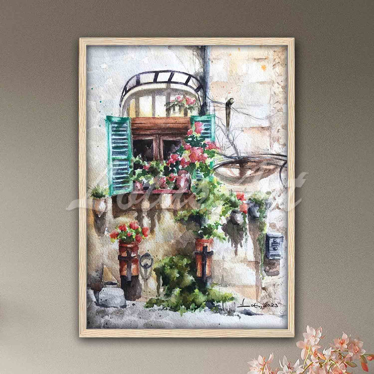 French Provence window watercolor artwork in natural wood frame, romantic wall decor & original flowers illustration print
