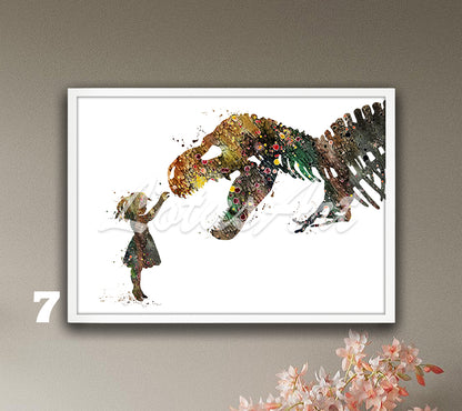 Girl and T-Rex Watercolor Art Print – Tyrannosaurus Rex Dinosaur Nursery & Kids Room Wall Decor