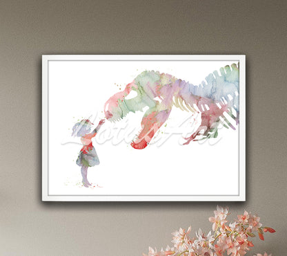 Girl & T-Rex Dinosaur Wall Art Print – Watercolor Kids Room Decor & Nursery Gifts