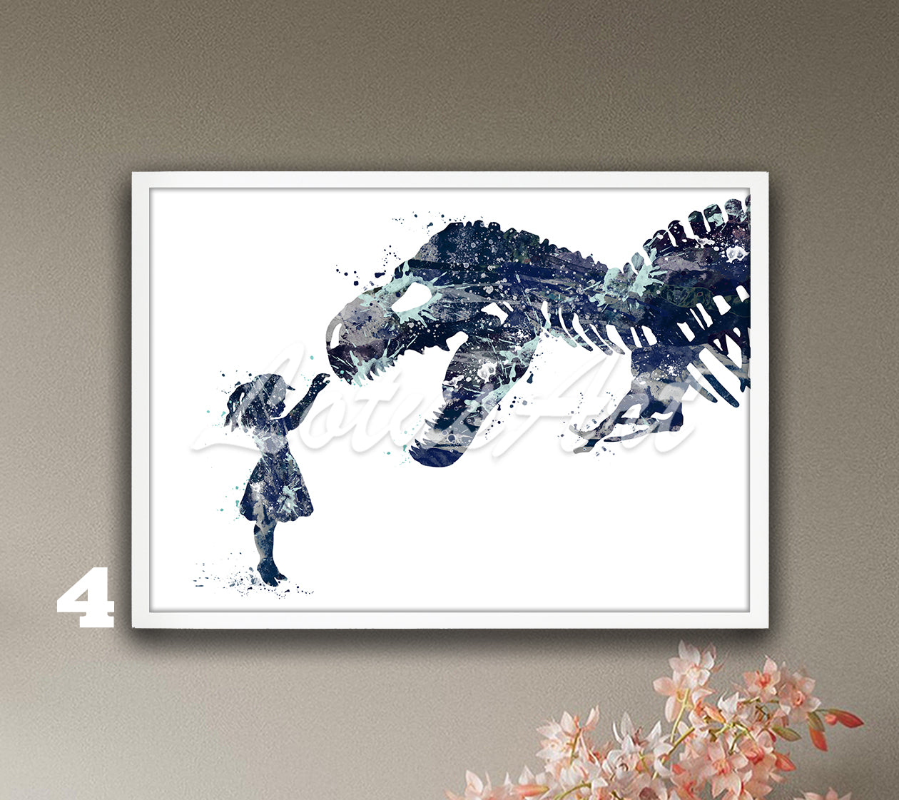 Girl and T-Rex Watercolor Art Print – Tyrannosaurus Rex Dinosaur Nursery & Kids Room Wall Decor